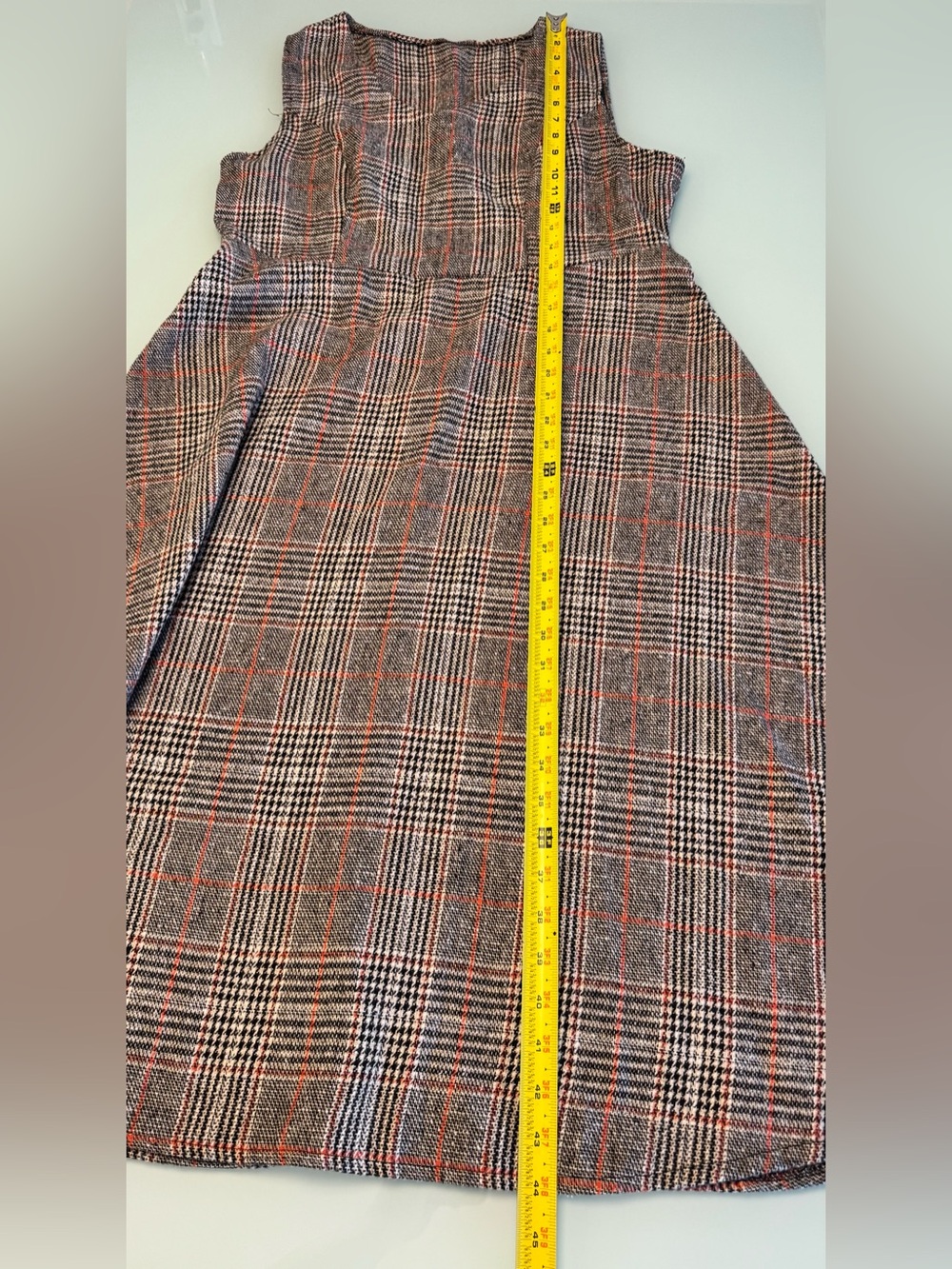 Glen Plaid V-Neck Sleeveless Pinafore Midi Dress Grey Orange M Fall Layering - Picture 3 of 11